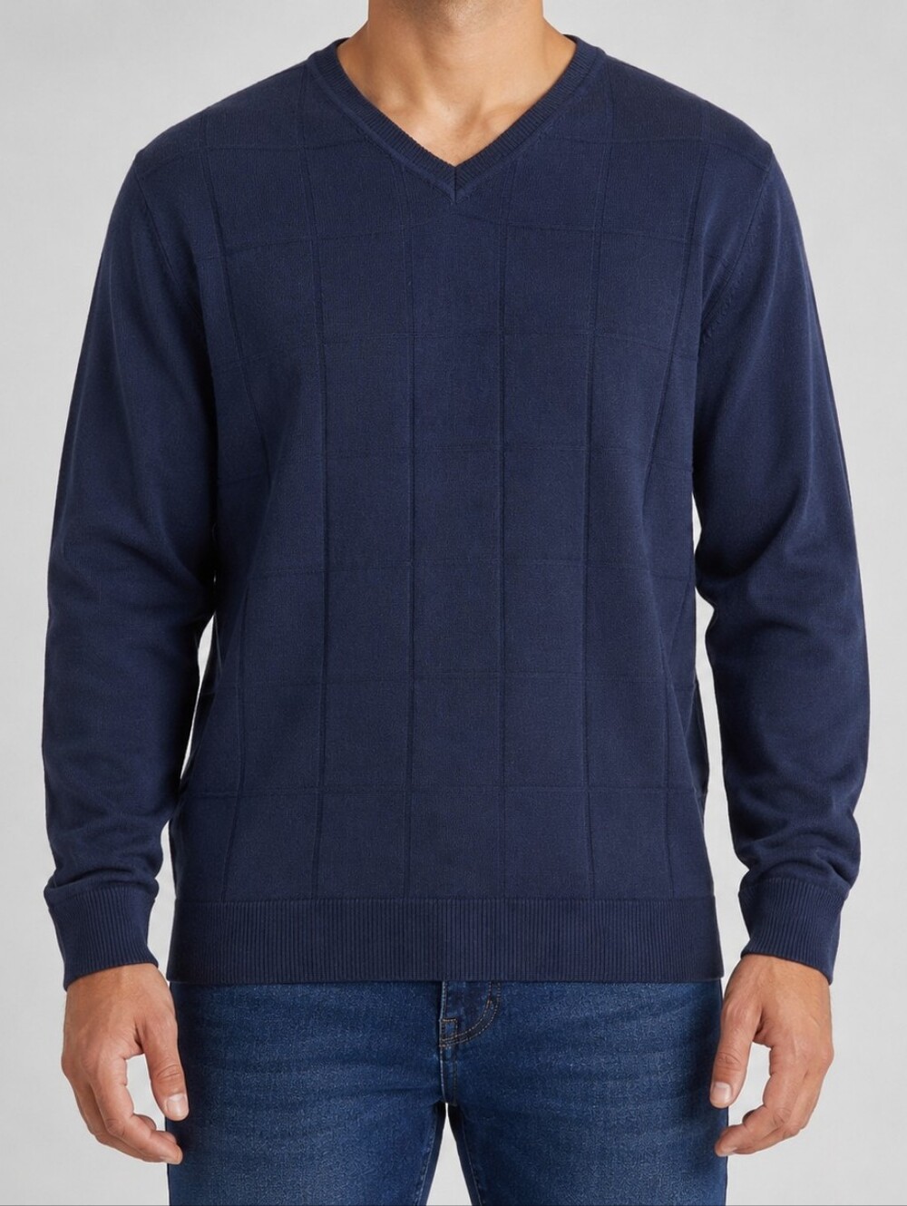 NWT Via Europa Men's Size XL Long Sleeve Navy Blue V-Neck Windowpane Sweater
